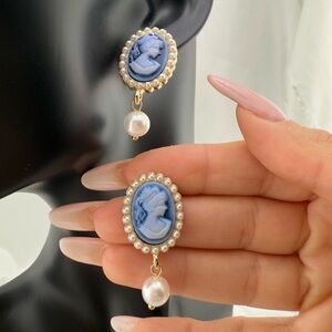 Victoria Vintage GoldColor  Blue Cameo Pearl Drop Earrings